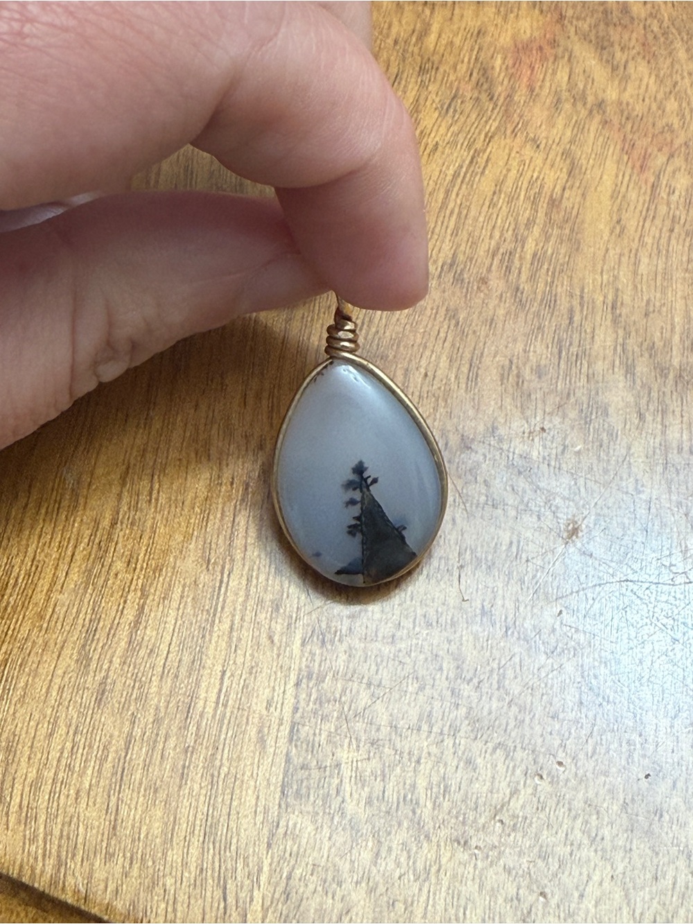Dendritic Agate Teardrop Pendant in Gold Wire